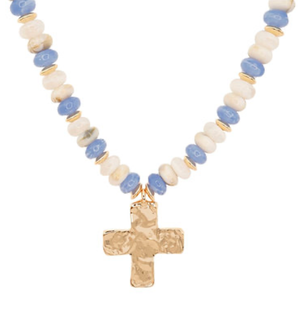 Blue/White Beaded Necklace | Cross Pendant