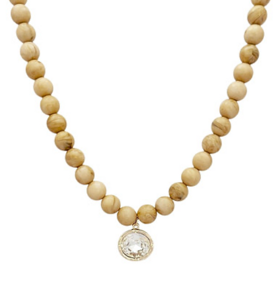 Tan Beaded Necklace | Rhinestone Pendant