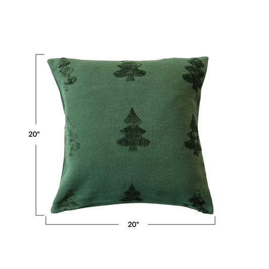 Woven Cotton Blend Jacquard Pillow w/ Trees | Green