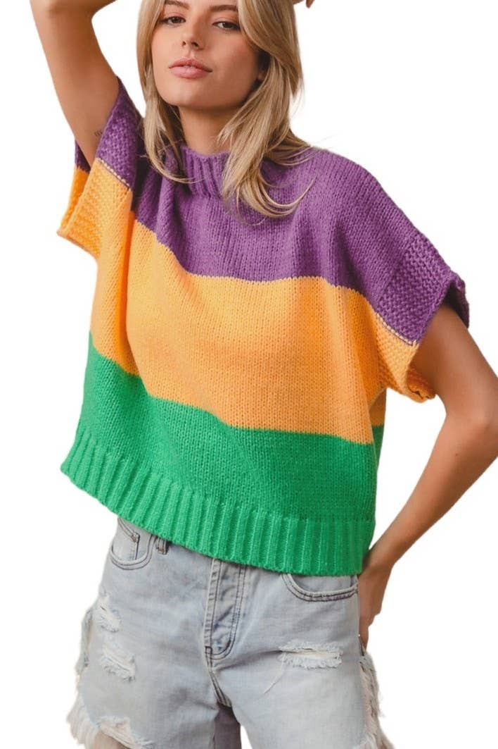 Mardi Gras Color Block Drop Shoulder Sweater
