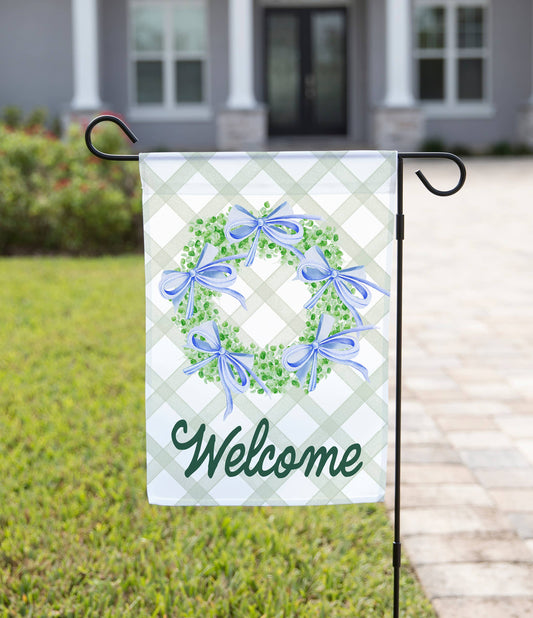 Welcome Wreath Blue Bows Garden Flag