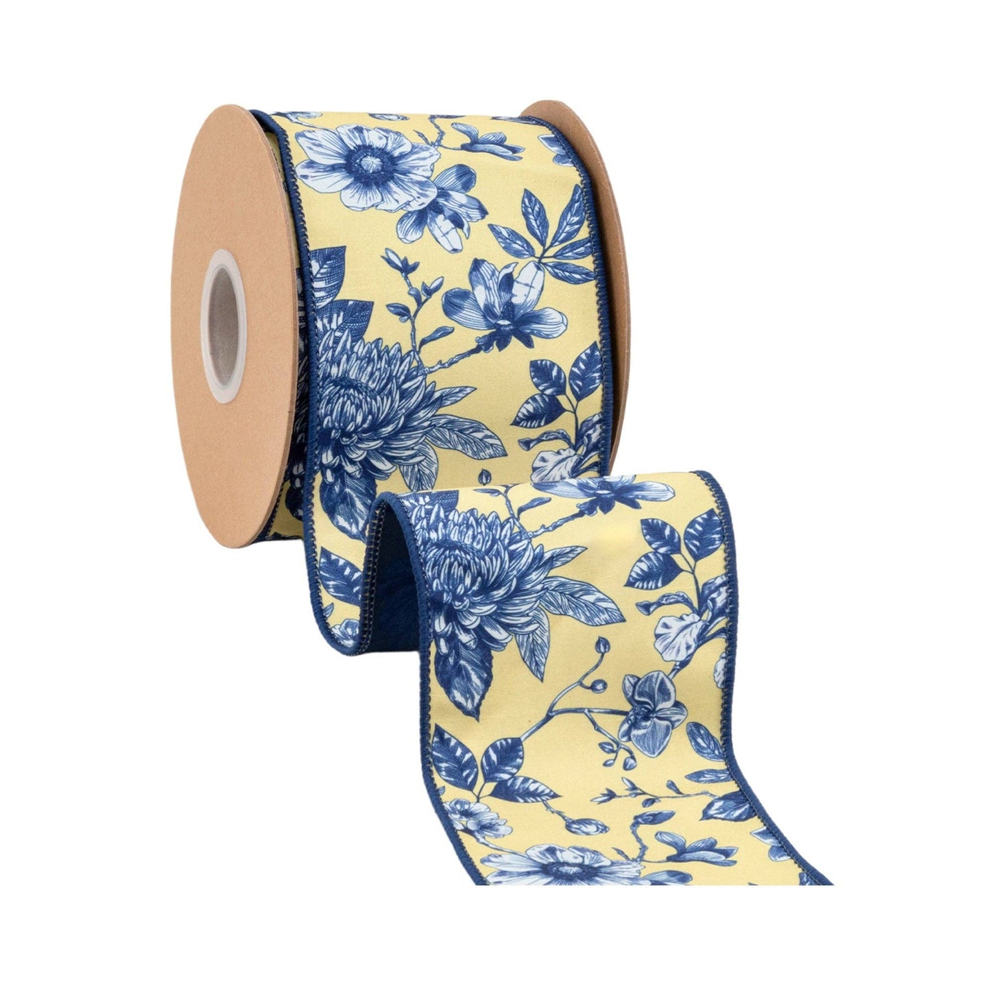 4" Wired Ribbon | Blue and Yellow Toile