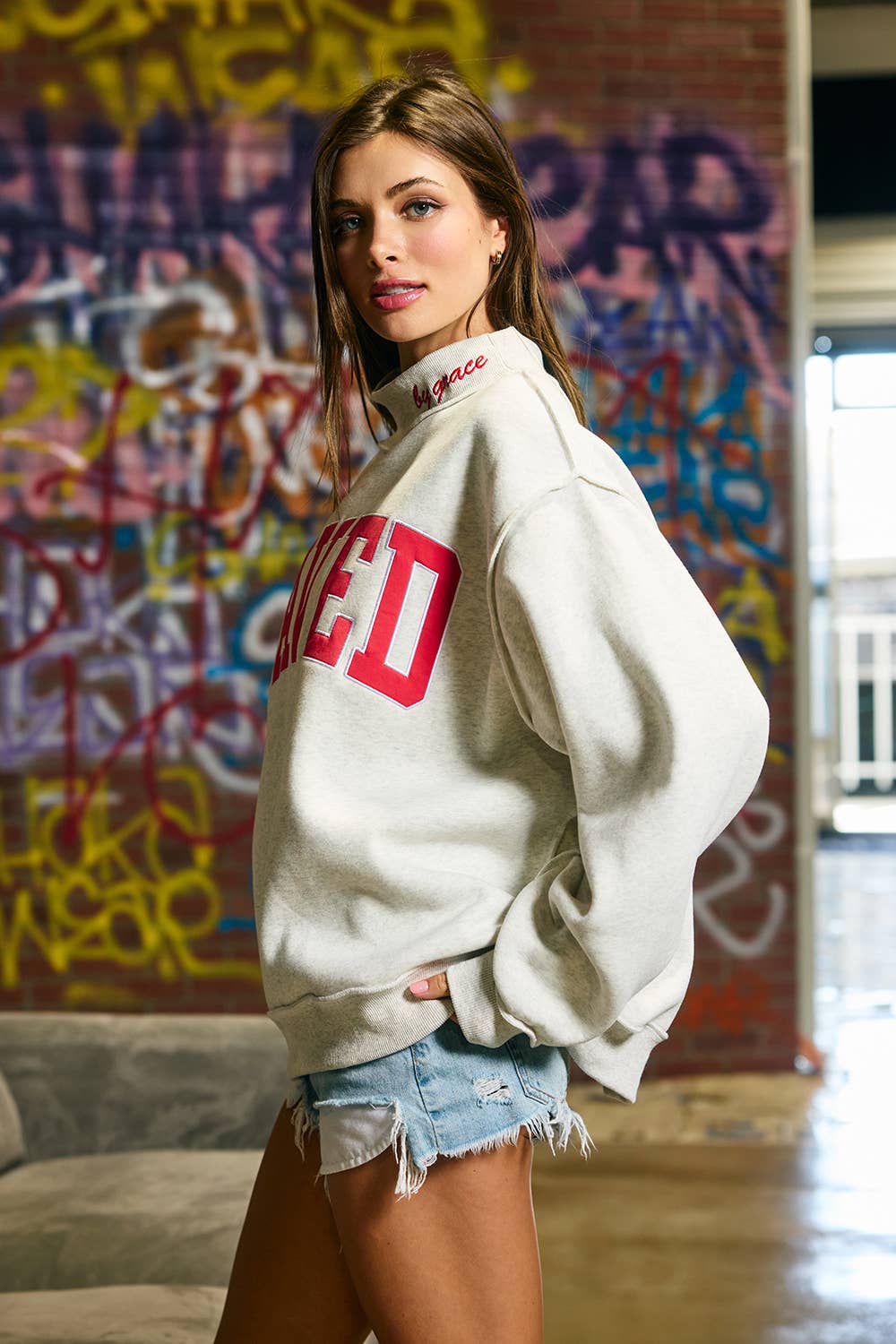 SAVED Embroidered Mock Neck Sweatshirt