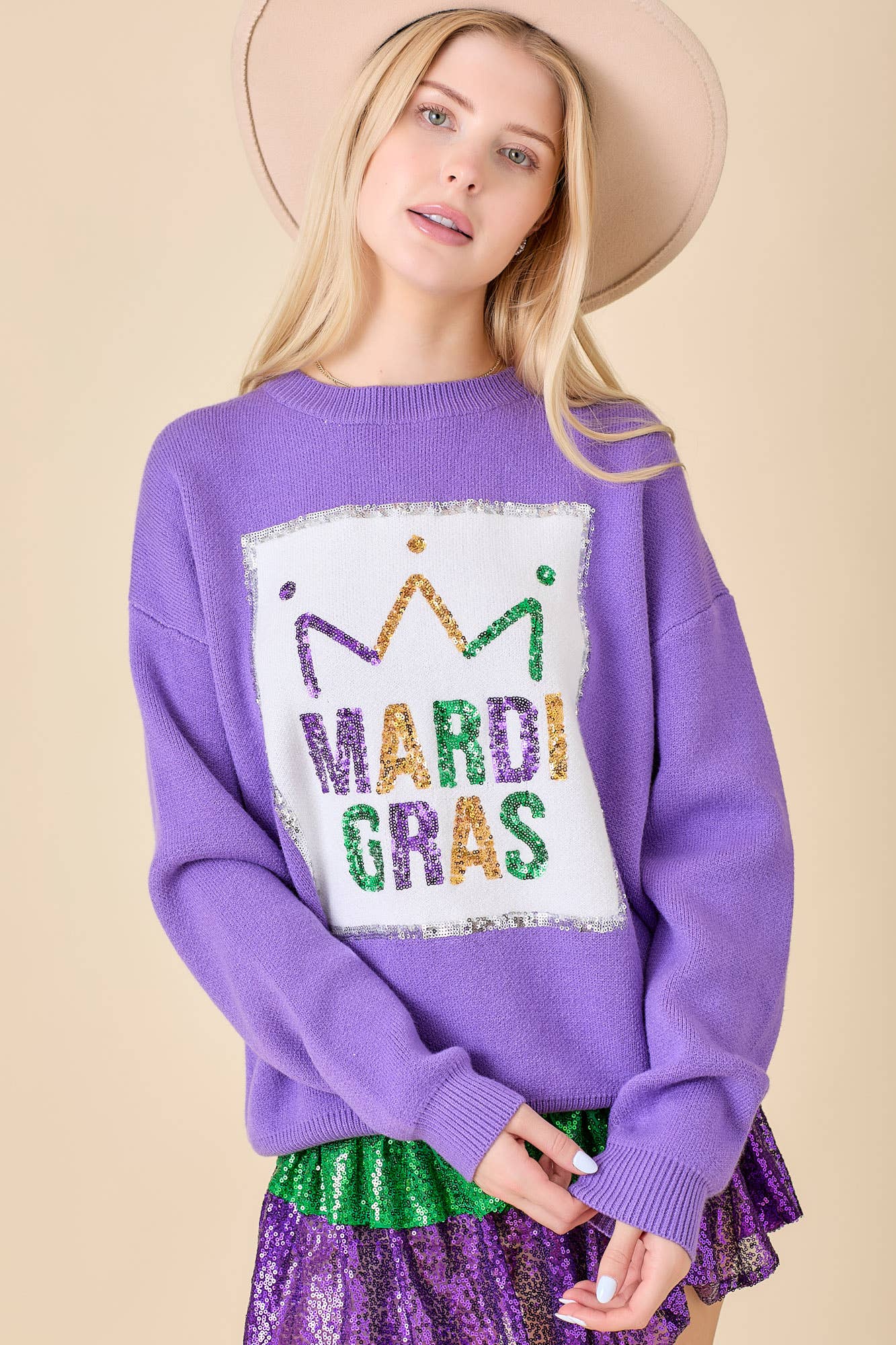 Mardi Gras Sequin Embroidered Sweater | Purple/Small