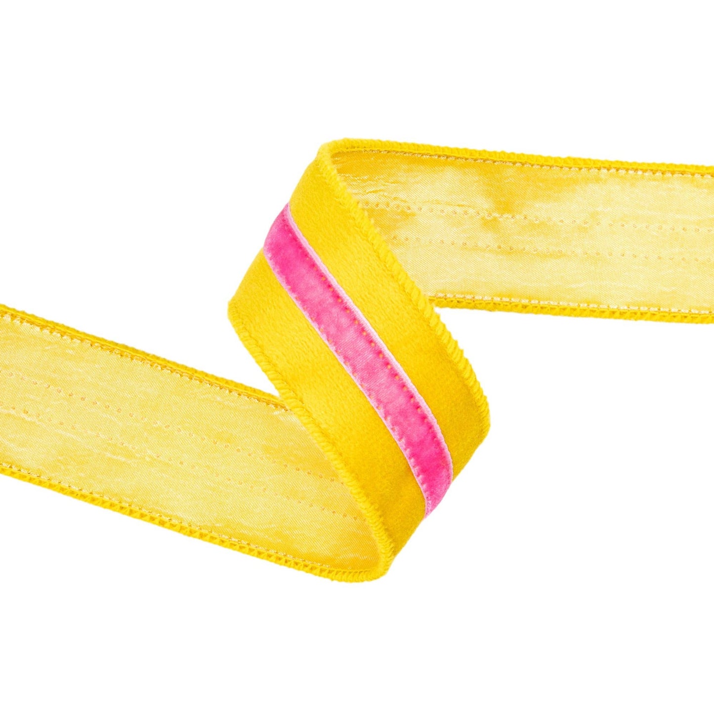 1.5" Wired Velvet Ribbon w/ Trim | Yellow w/ Pink Trim
