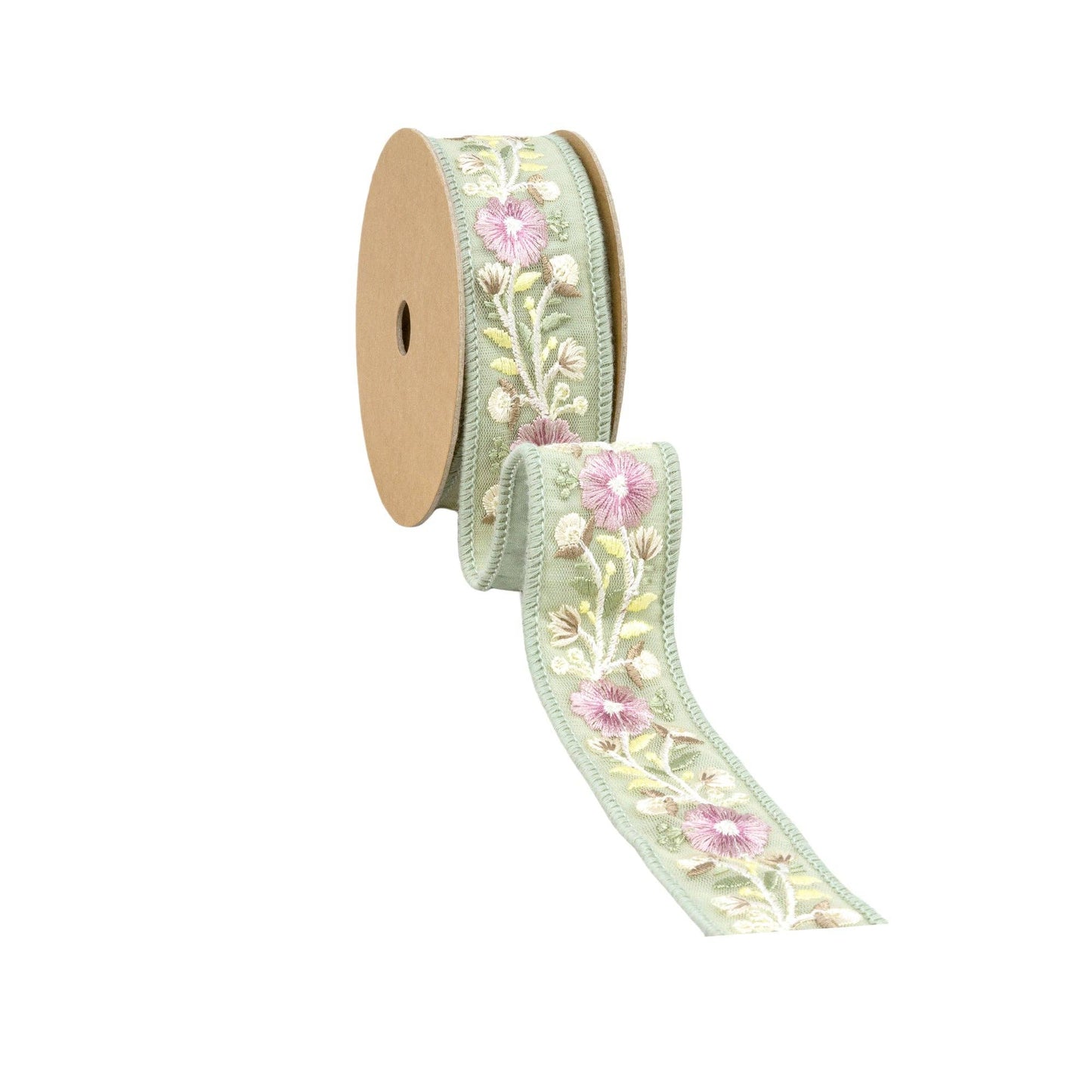 1.5" Wired Ribbon | Green Flower Trim