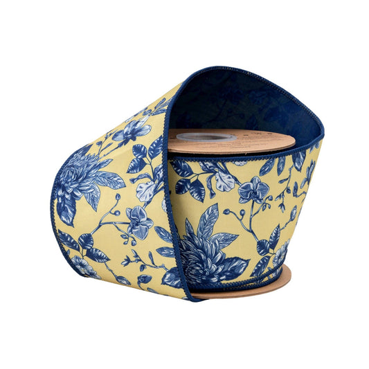 4" Wired Ribbon | Blue and Yellow Toile