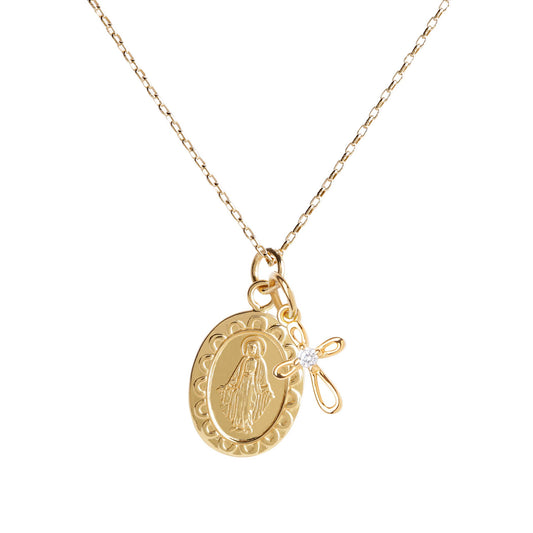 Gold Plated Miraculous Medal Cross Necklace | 14”
