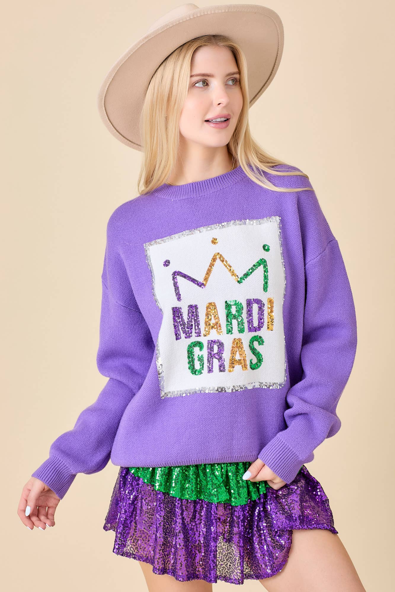 Mardi Gras Sequin Embroidered Sweater | Purple/Small