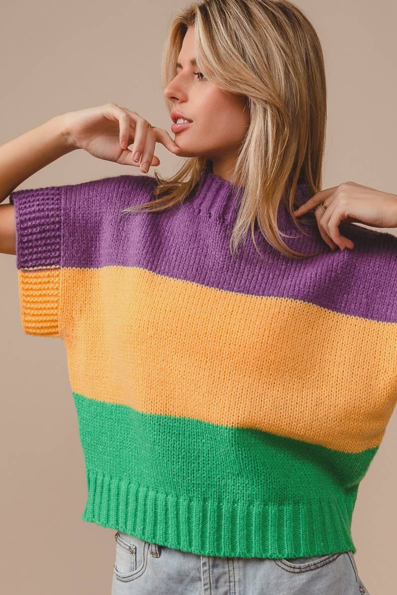 Mardi Gras Color Block Drop Shoulder Sweater
