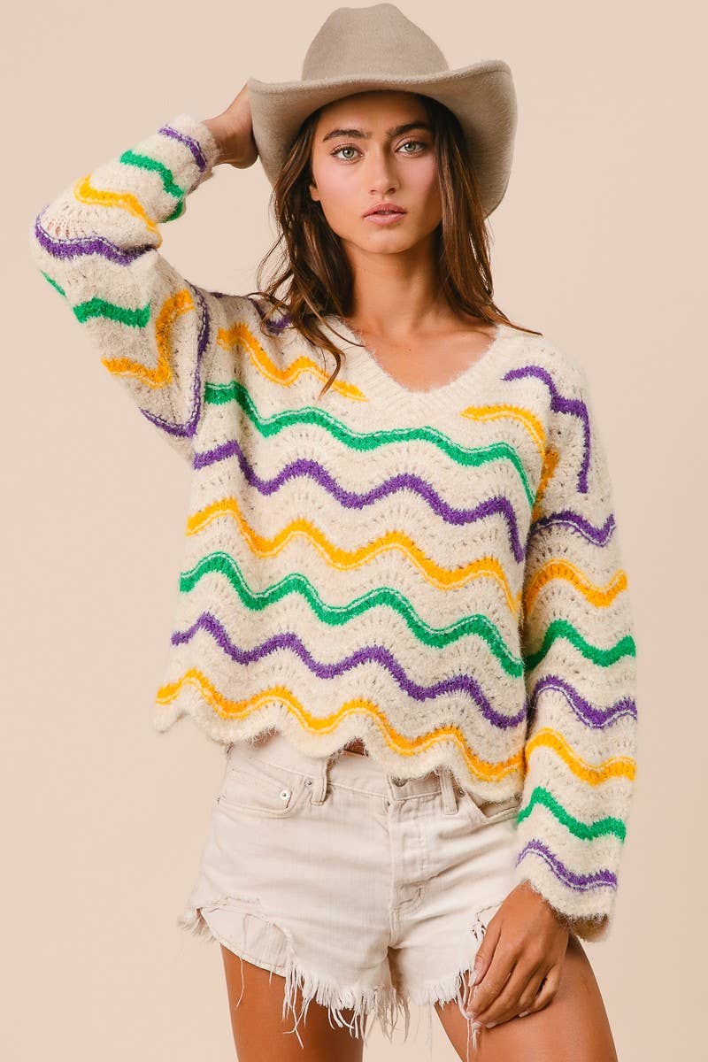 Mardi Gras Wavy Stripes V-neck Sweater