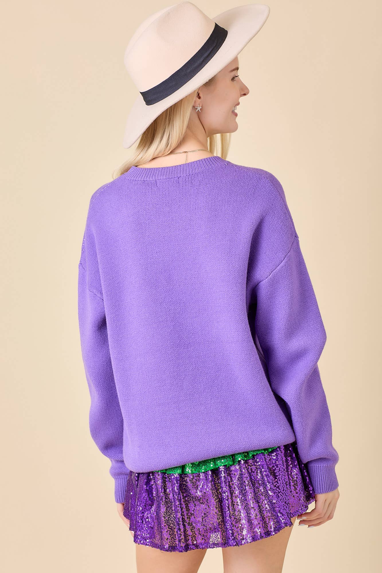 Mardi Gras Sequin Embroidered Sweater | Purple/Small