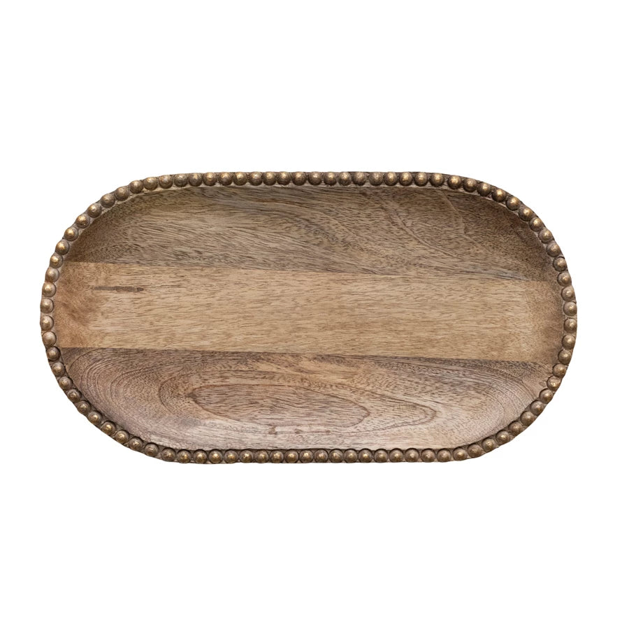 Mango Wood Tray w/ Wood Beads Border | Gold