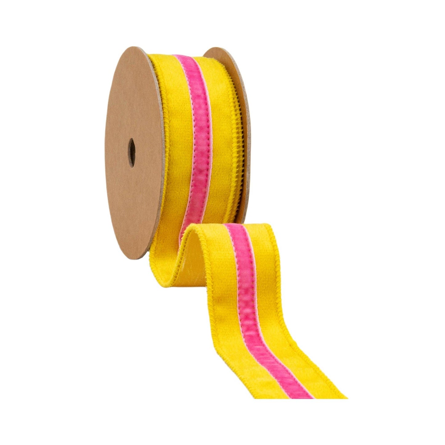 1.5" Wired Velvet Ribbon w/ Trim | Yellow w/ Pink Trim
