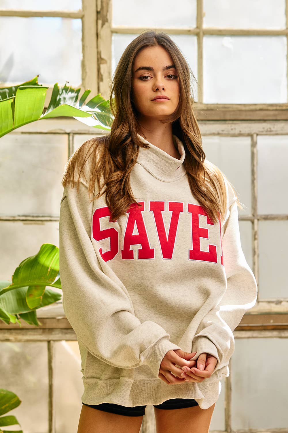 SAVED Embroidered Mock Neck Sweatshirt