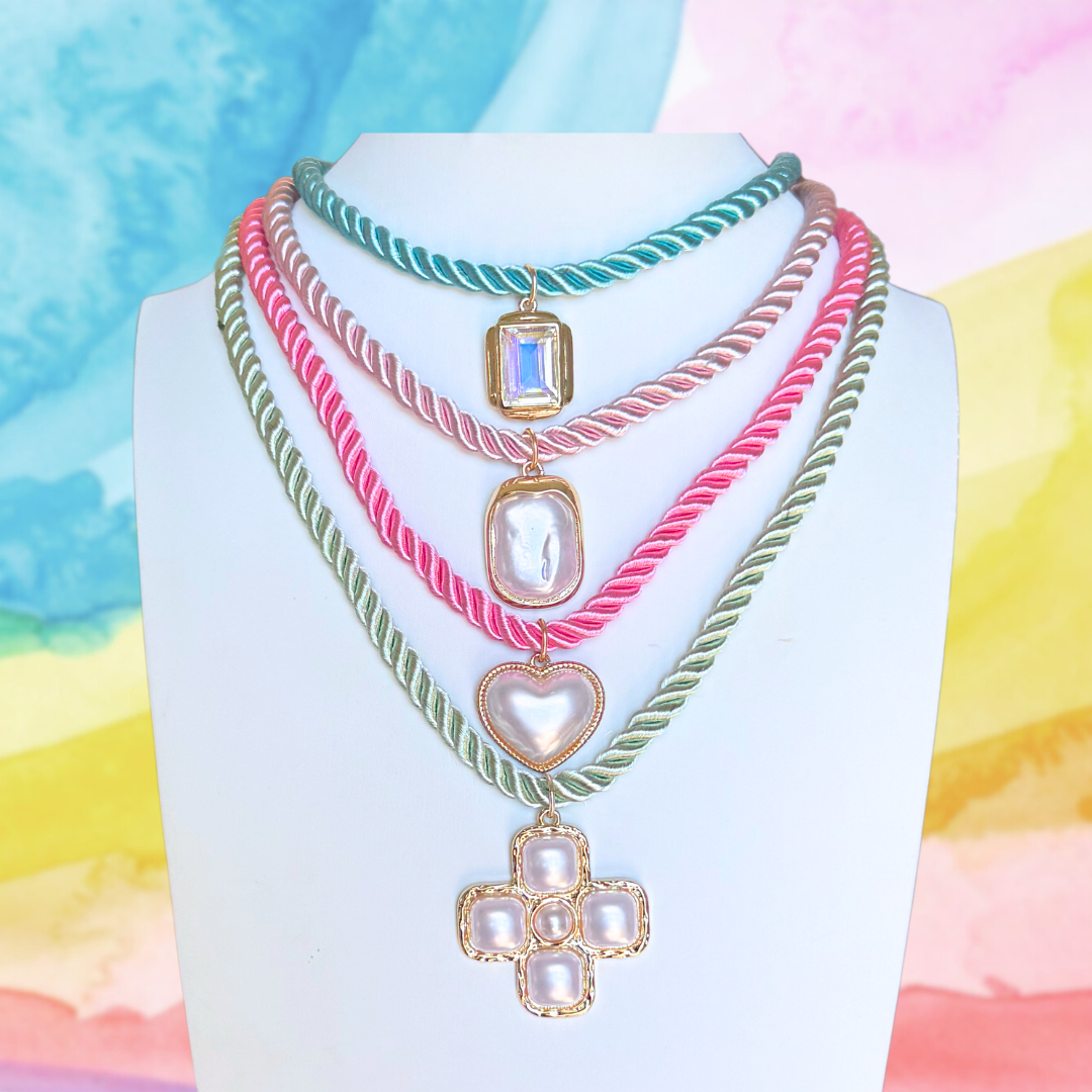Mint Green Rope Necklace | Pearl Cross Pendant
