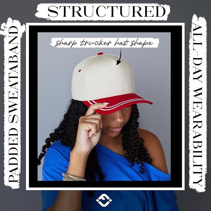 Embroidered Brim Two Tone Trucker Hat | Red/Beige