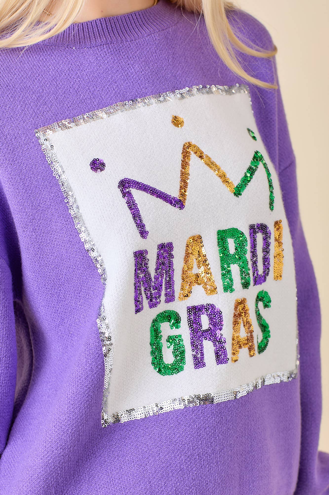 Mardi Gras Sequin Embroidered Sweater | Purple/Small