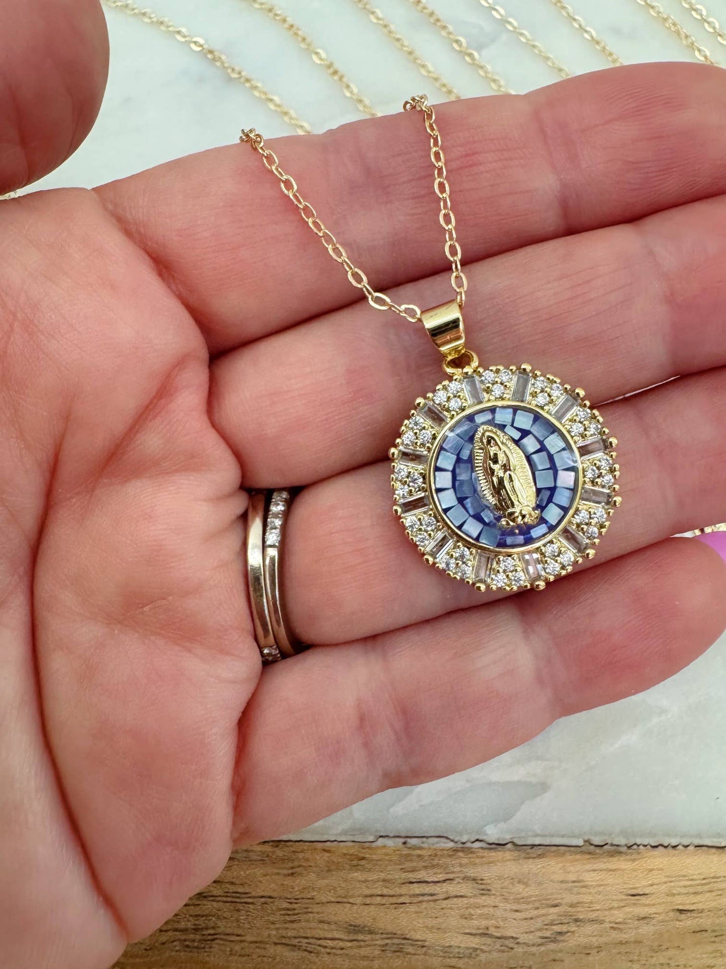 Virgin Mary Necklace | Dusty blue - 18"