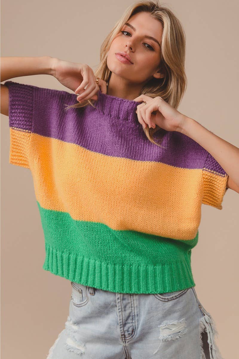 Mardi Gras Color Block Drop Shoulder Sweater
