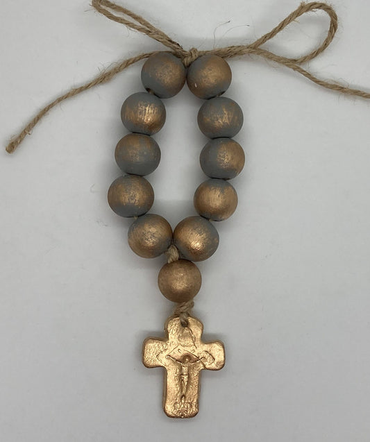 Grey Car Rosary Wood Beads w/ Small Gold Cross